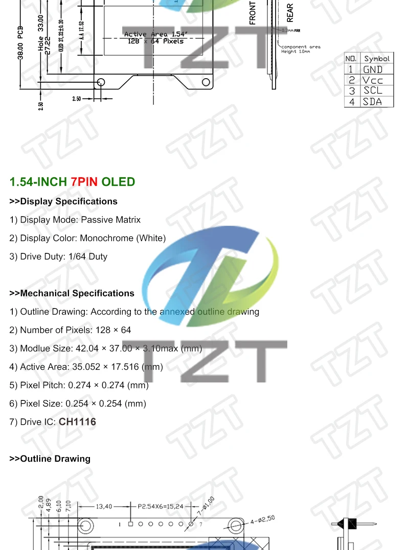 TZT 1,54 Zoll 4PIN 7PIN Weiß Blau OLED-Bildschirmmodul CH1116 Treiber-IC Kompatibel mit SSD1306 SPI-Schnittstelle 128*64 – Detail 2