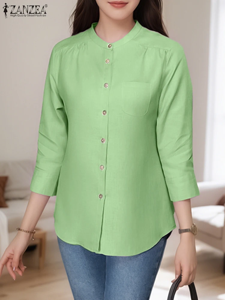 

ZANZEA 2022, женские модные рубашки с рукавами 3/4, элегантные офисные женские блузки, стильные топы, туника, повседневные однотонные блузки с карманами и пуговицами