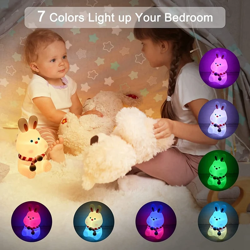 Simpatico coniglietto per bambini, luce notturna, 7 colori che cambiano, lampada Kawaii con controllo del rubinetto, morbido silicone, arredamento per la camera, ricaricabile tramite USB