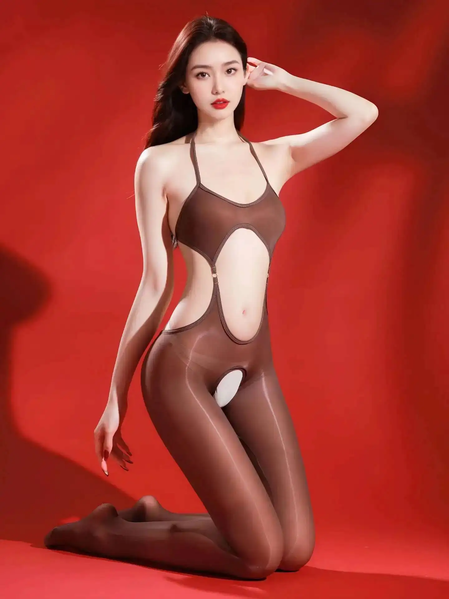 Sexy Backless Halter Neck Ultra-thin Glossy Shiny Silky Hollow Out Bodysuit Stockings For Women Rompers Clothing Body Suits 2ATZ