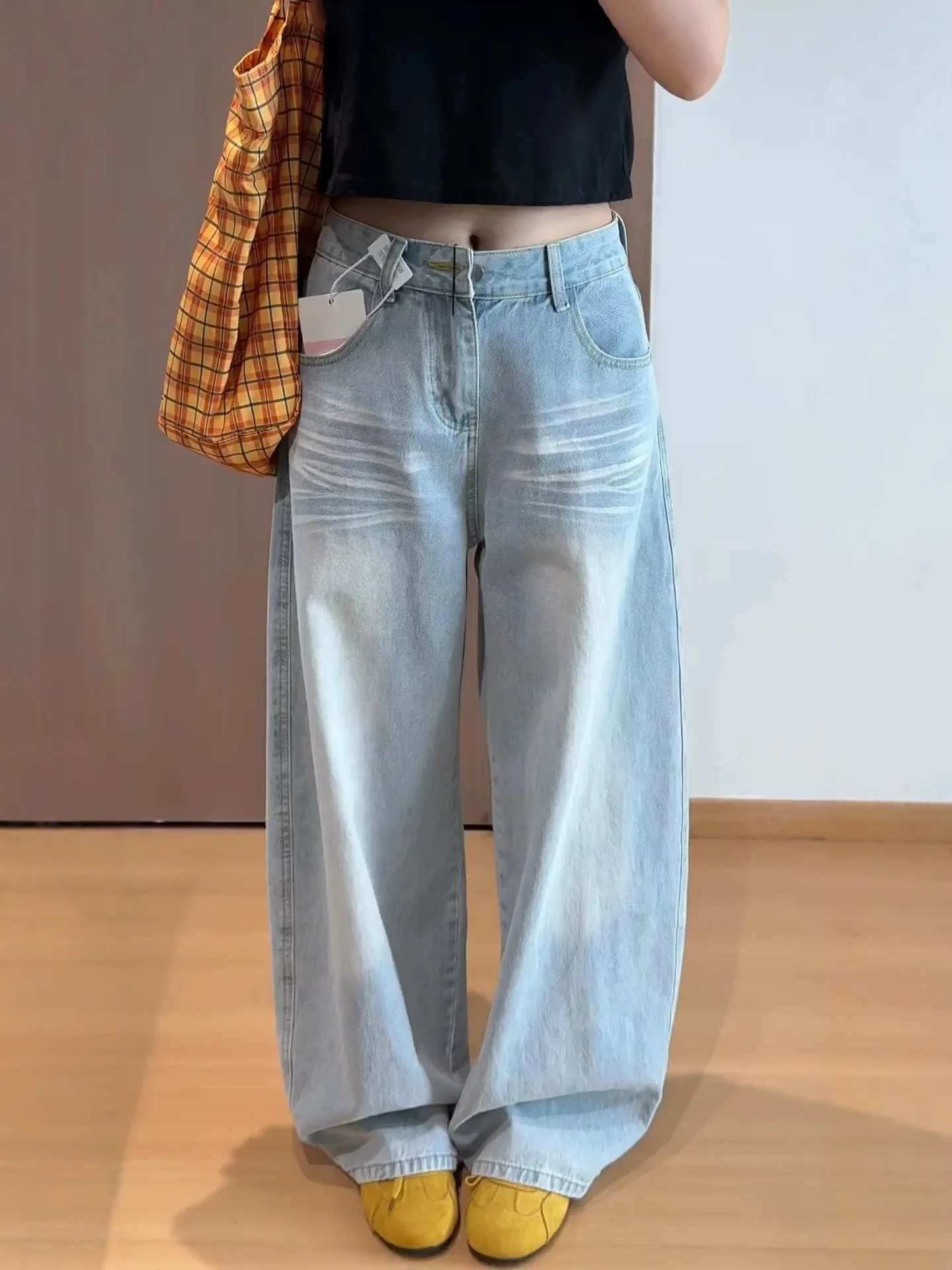 High Waist Wide Leg Blue Jeans Women's Loose Fit Embroidered Straight Cut Design Casual Comfortable Denim Trousers