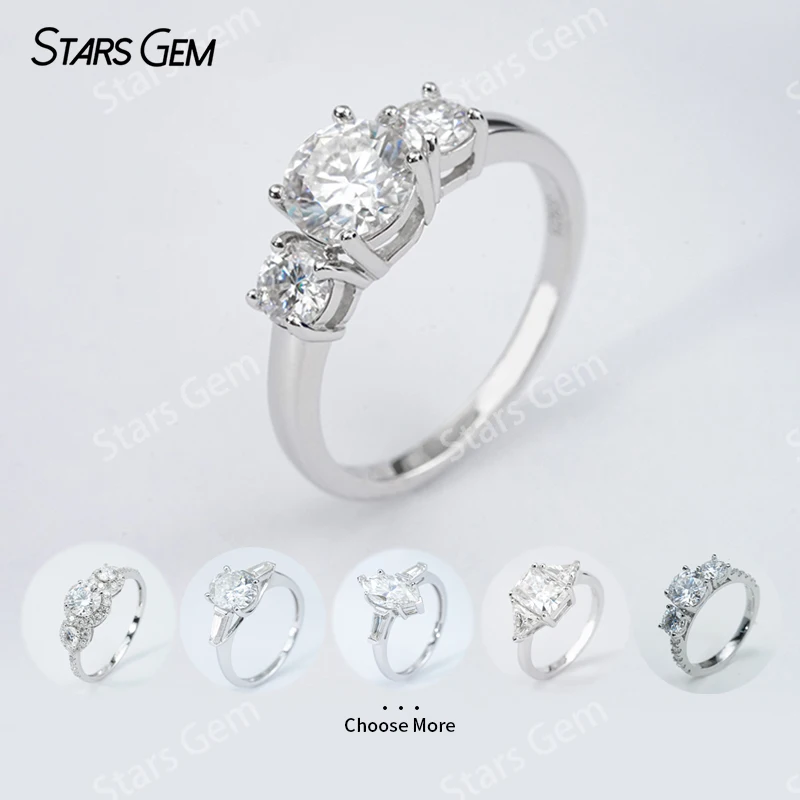 Starsgem S925 Sterling Silver Round Brilliant Cut Moissanite Three Stone Engagement Ring