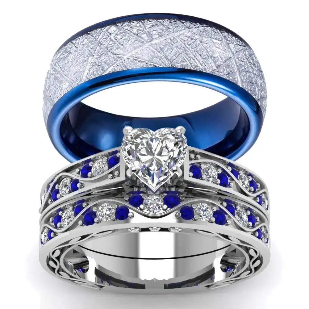 Fashion Couple Rings Romantic Women Heart Zircon Stone Rings Set Men's Blue Stainless Steel Ring Wedding Party Jewelry Gifts