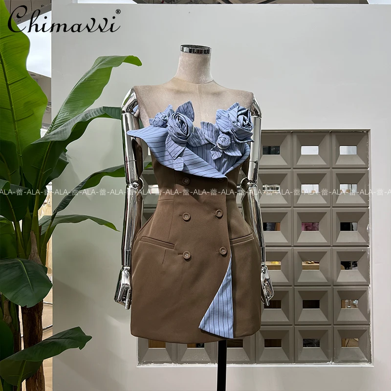 

French Style Elegant Socialite 3D Floral Striped Sleeveless Double-Breasted High Waist Slim Sexy Birthday Party Mini Dress Women