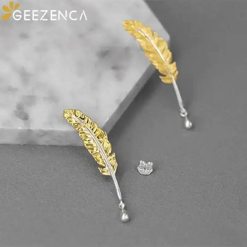 GEEZENCA 925 Sterling Silver Two Tone Quill Pen Ink Earrings For Women Vintage Artistic Unique Chic Earring 2024 New Party Gift