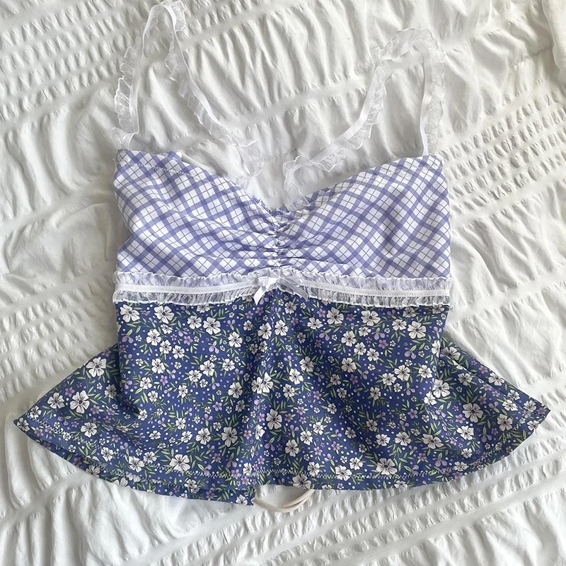 Fairycore Y2K Lace Trim Backless Tie Up Crop Tops Plaid Floral Print Milkmaid Tops 00s Retro Coquette Camis Chic Cute Mini Vest