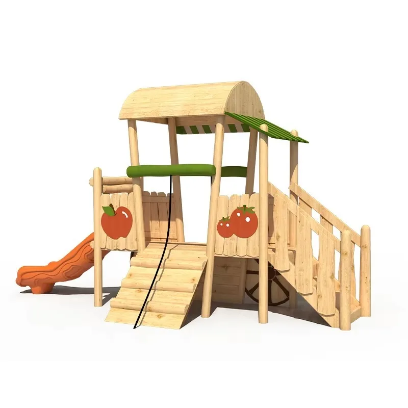 Fruit Cart Themed Akagashi Play Set, Eco-Wooden Outdoor Play Equipment with Slide for Kids