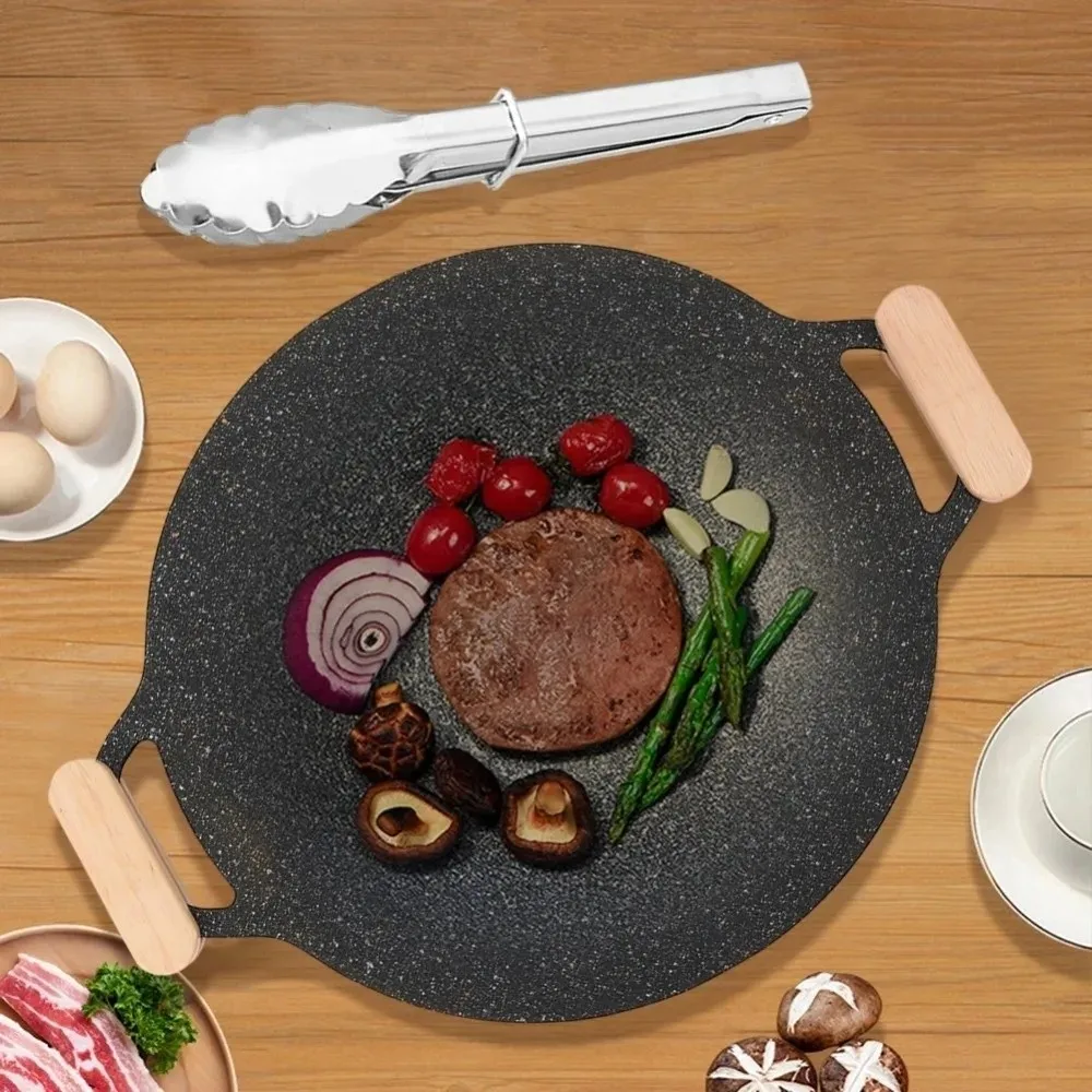 30/32/34/36/38cm Korean BBQ Grill Pan Round Shape Heat-resistant Holder Barbecue Plate Wooden Handle Smokeless Griddle Pan view 5