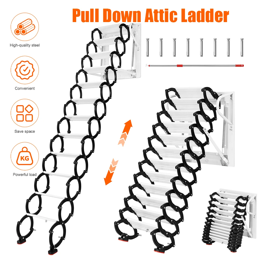 Pull Down Attic Ladder Wall-mounted Invisible Folding Ladder Anti-Slip Step Attic Telescopic Staircase with Armrests for Home