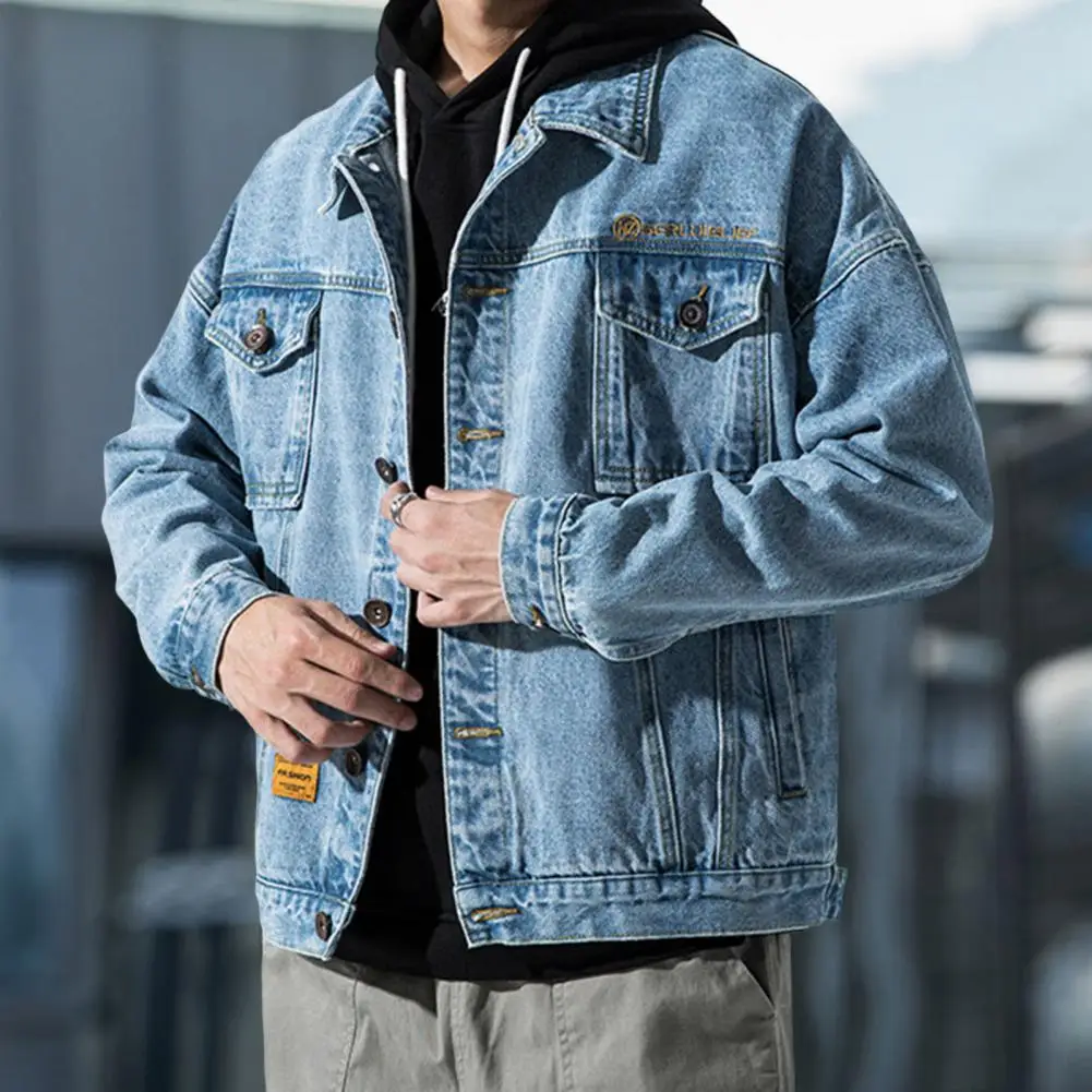 

Fashion 2022 New Autumn Men's Blue Denim Jacket Solid Color Pockets Outerwear Korean Style Single Breasted Jeans Coat Streetwear
