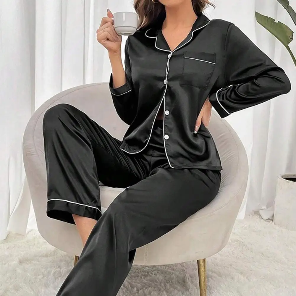 Women Two-piece Pajama Set Pajamas for All Body Shapes Elegant Women's Silk Pyjama Set with Long Sleeve Button Top for Home