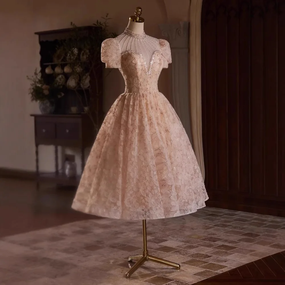 Pink Lace Evening Gown 2025 Spring New High-End Lightweight Bubble Sve Wedding Dr Toast Dr A-Line Skirt Sweet Sle