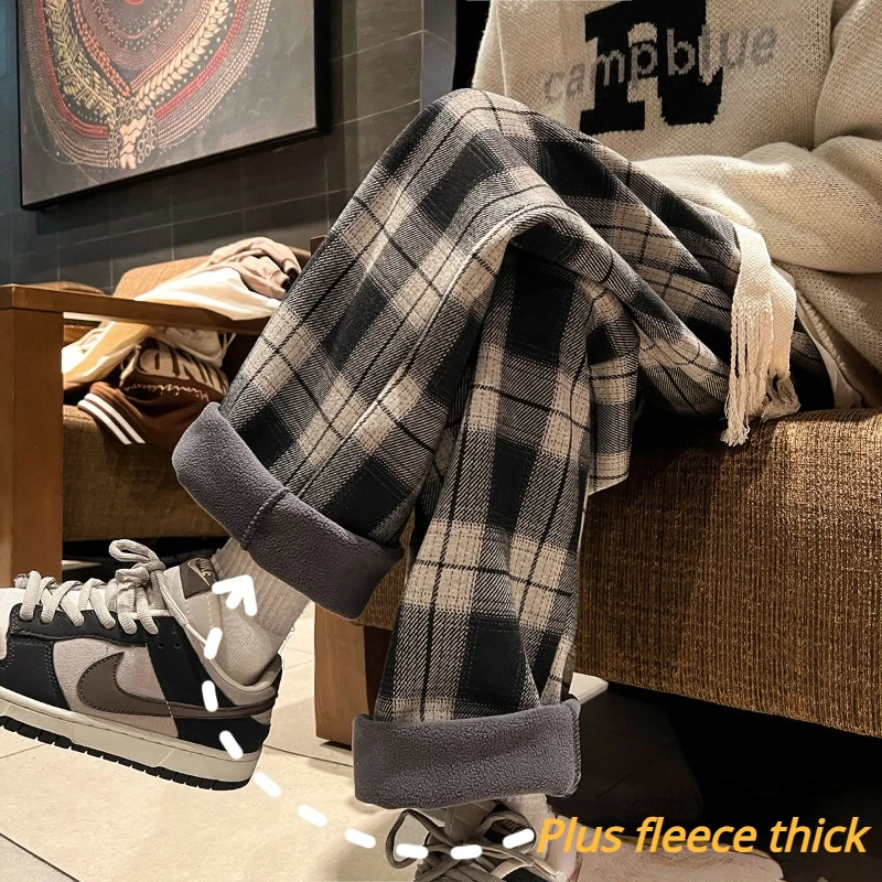 Men Winter Retro Plaid Wide Leg Trousers Harajuku High Street Loose Plus Fleece Thick Straigh Fashion Casual Trousers