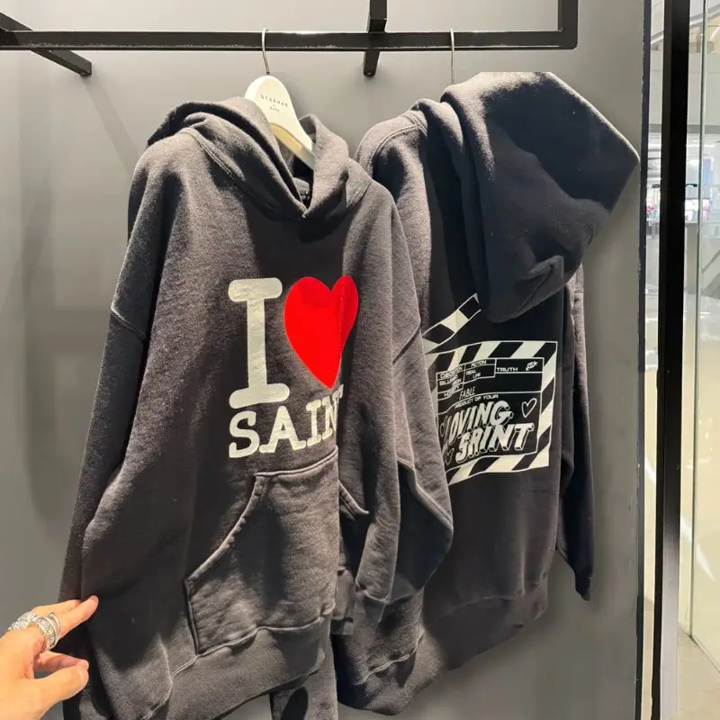 Winter Black SAINT Hoodie Black White Striped Writing Board Red Heart Letter Hood Sweatshirt Men Women American Street Outfit
