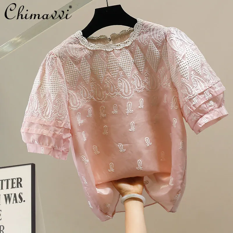 

2026 Summer Clothes New French Chic Embroidered Puff Sleeve Blouse Women's Elegant Slim-fit Sweet Girl Shirt Ladies Top