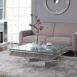 Table basse en verre argenté avec miroir en diamant cassé scintillant, table centrale décorative, salon moderne, luxe