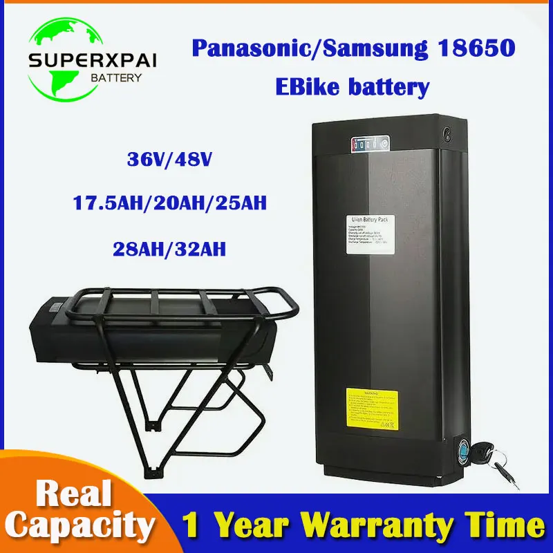 36v 48v rear shelf battery 25.6ah 28ah 32ah Large capacity rechargeable electric vehicle battery for 250W-1500W motor