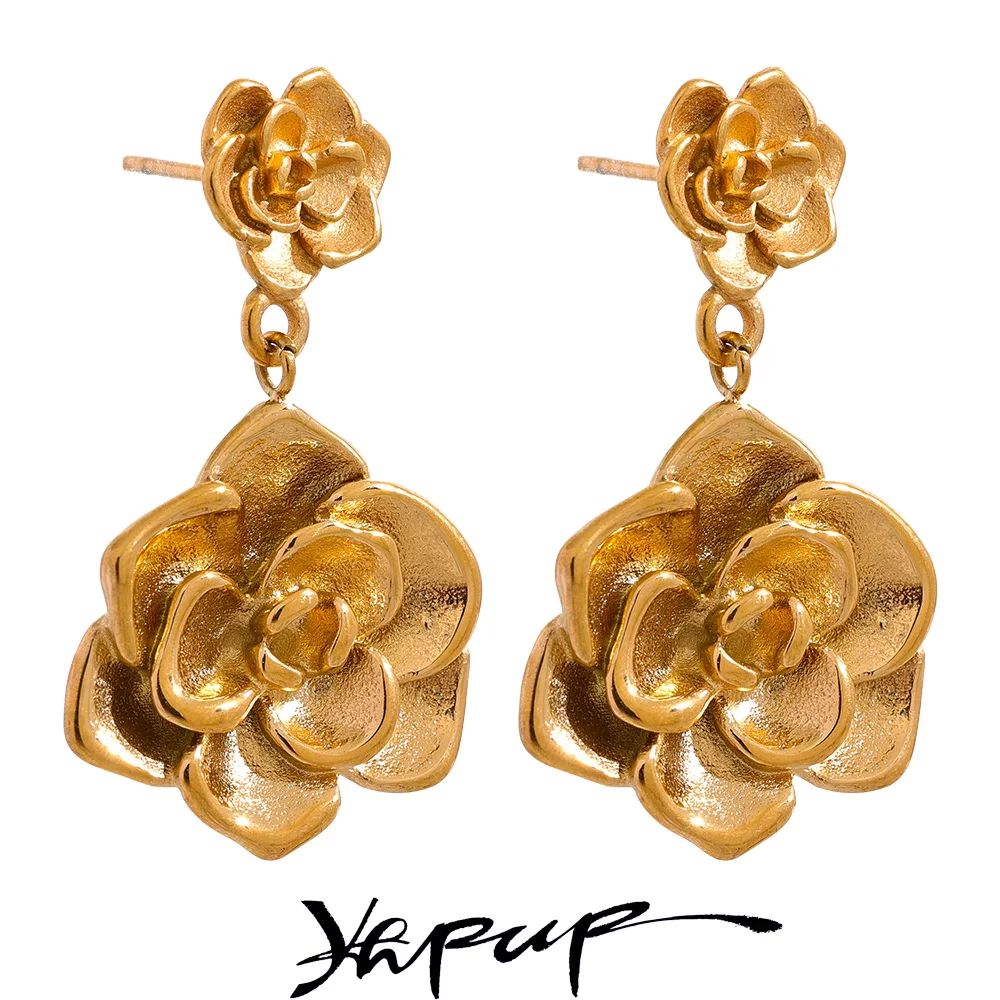 Yhpup Stainless Steel Stereoscopic Flower Dangle Earrings Waterproof Golden Prevent Allergy Metal Fashion Jewelry