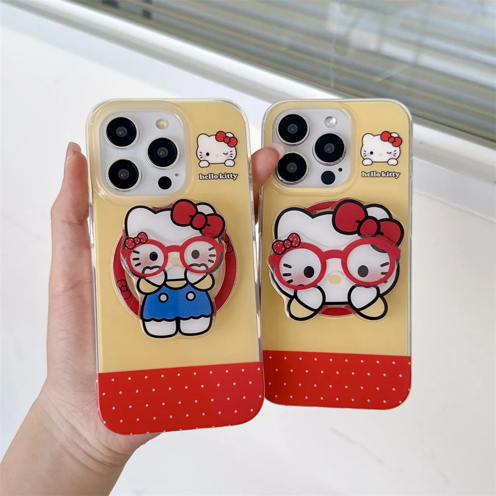 

3D Glasses Hello Kitty Cat Cute Polka Dot Magsafe Wireless Charge Phone Case For iPhone 13 14 15 16 Pro Max Magnetic Holder
