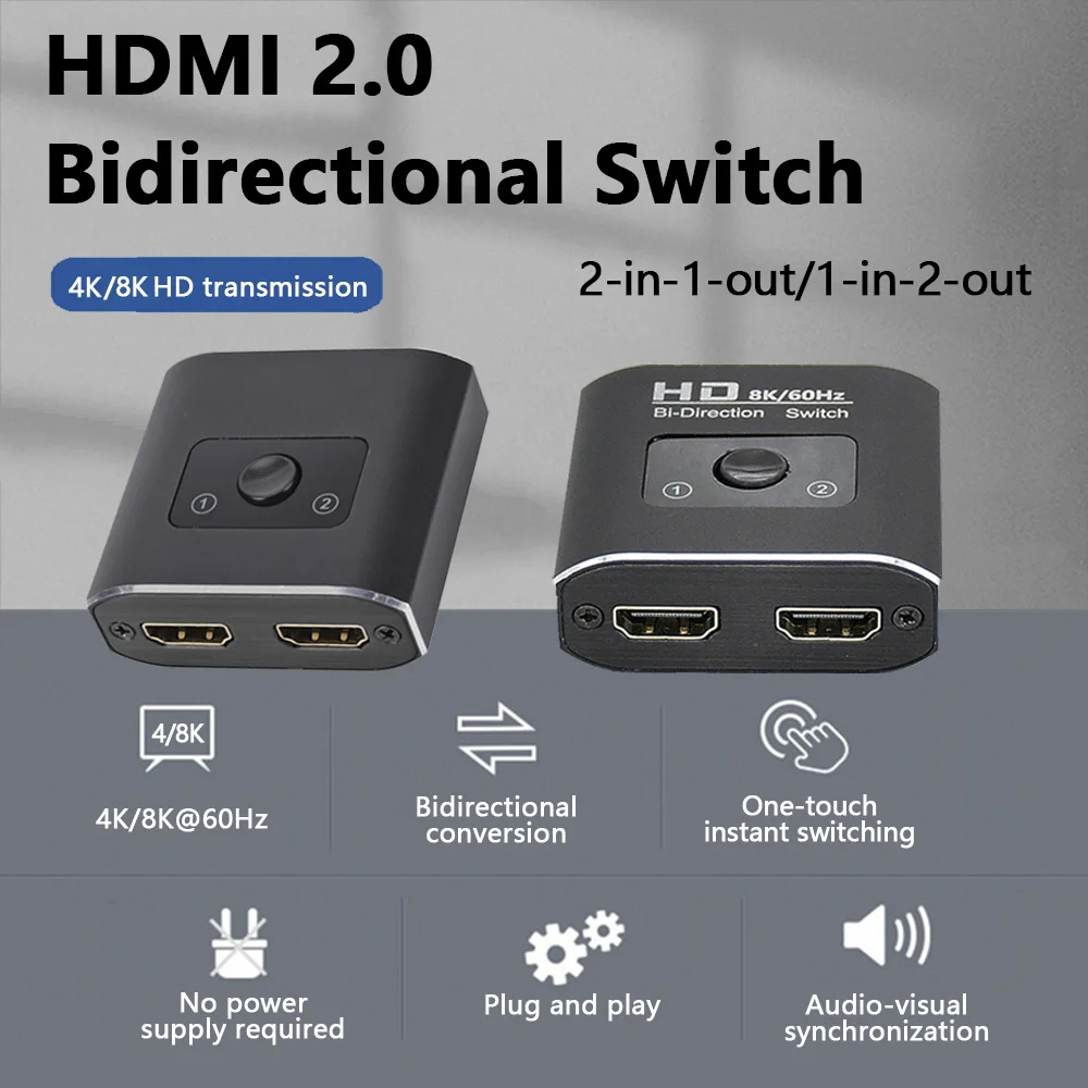 

Bi-Directional 8K HDMI 2.1 Switcher | 2-Port 4K@60Hz Splitter | Plug-and-Play Hub for Multiple Displays