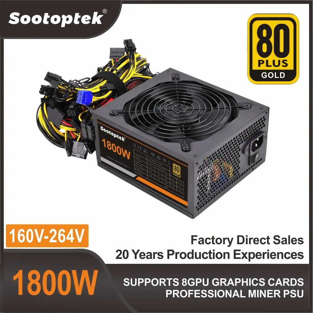 

1800W PSU 160V-264V Double Pin8 ATX ETH Bitcoin Mining Power Supply 95% Efficiency Support 8 Display Card