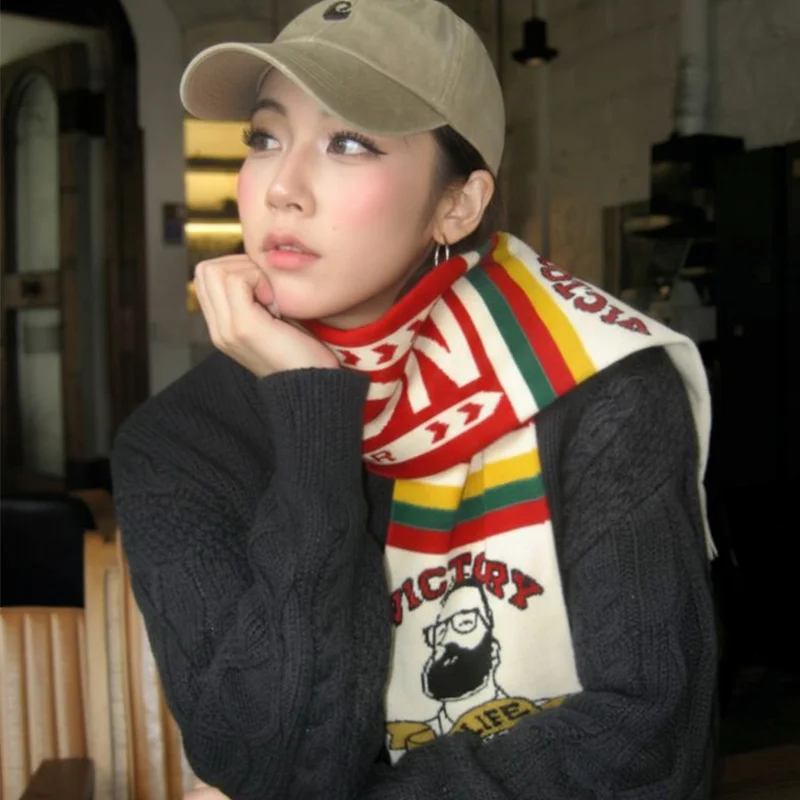 

Maden Women's WIN LIFE Red White Scarf Champion Fan Shawl Retro Fringe Knitted Soccer Supporter Warm Winter Accessory