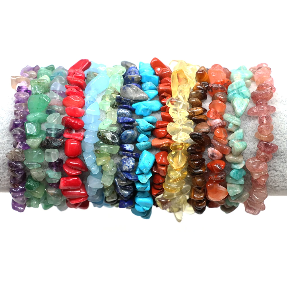 Natural Stone Crystal Bracelet Irregular Energy Bead Chip Reiki Healing Jewelry Amethyst Rose Quartz Wristband Bangles for Women
