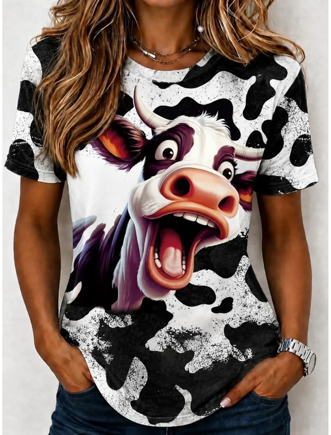 Women's Spring Summer 3D Printed Crew Neck T-Shirt, Funny Cartoon Cow With Cow Spot Background Print Casual Holiday Tee