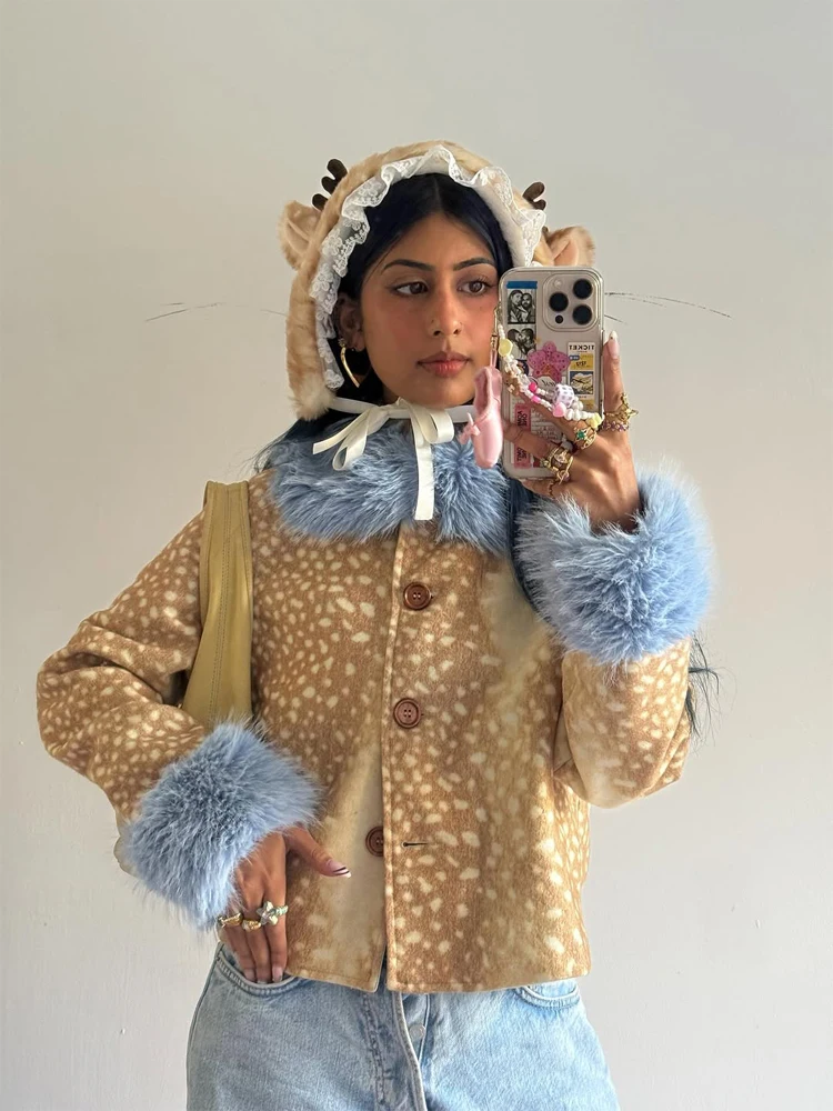 Fashion Deer Spotted Faux Fur Patchwork Short Jacket Women Single Breasted Winter Coat 2026 Street Daily Outfit