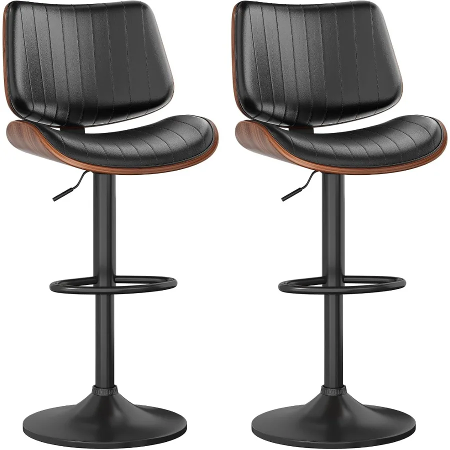 Taburetes de bar Juego de 2 taburetes de bar para isla de cocina con respaldo de madera curvada y asiento de cuero Taburetes de bar giratorios para barra de cocina