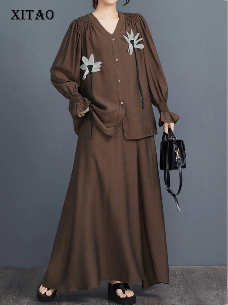 

XITAO Цветочный однобортный одинаковый комплект с v-образным вырезом, повседневный однотонный свободный комплект с длинными рукавами и эластичной резинкой на талии, женский комплект GYX1632