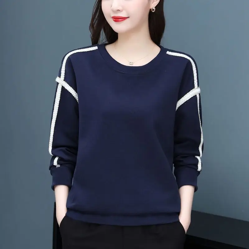 

Spring and Autumn Women's Pullover Round Neck Solid Color Panel Bright Line Decoration Sports Loose Hoodies Fashion Casual Tops