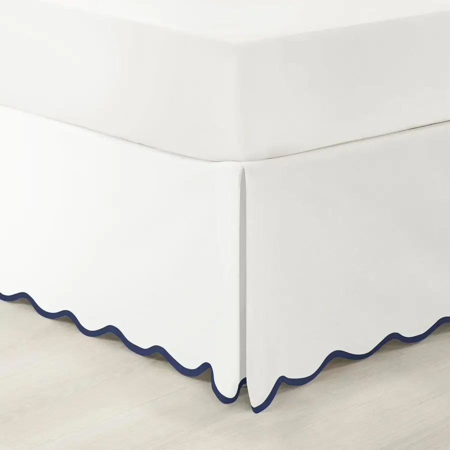 

Coastal Chic Scallop Edge Linen Textured Bed Skirt Navy White Single King Soft Elegant Luxury Easy Fit Elastic Band Tailored Bed