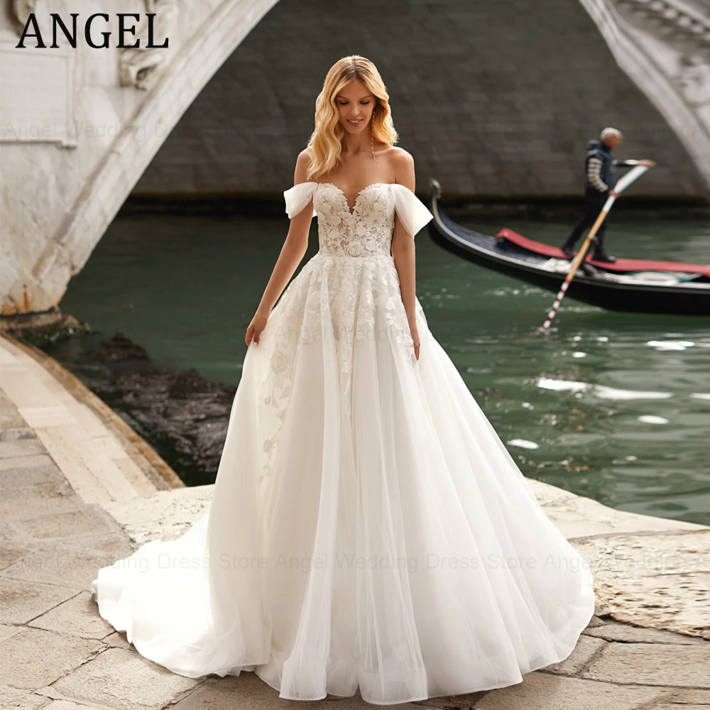 

ANGEL Romantic Tulle Applique A-line Wedding Dress Sexy Strapless Off the Shoulder Bride Party Simple Lace Up Back Trouwjurk