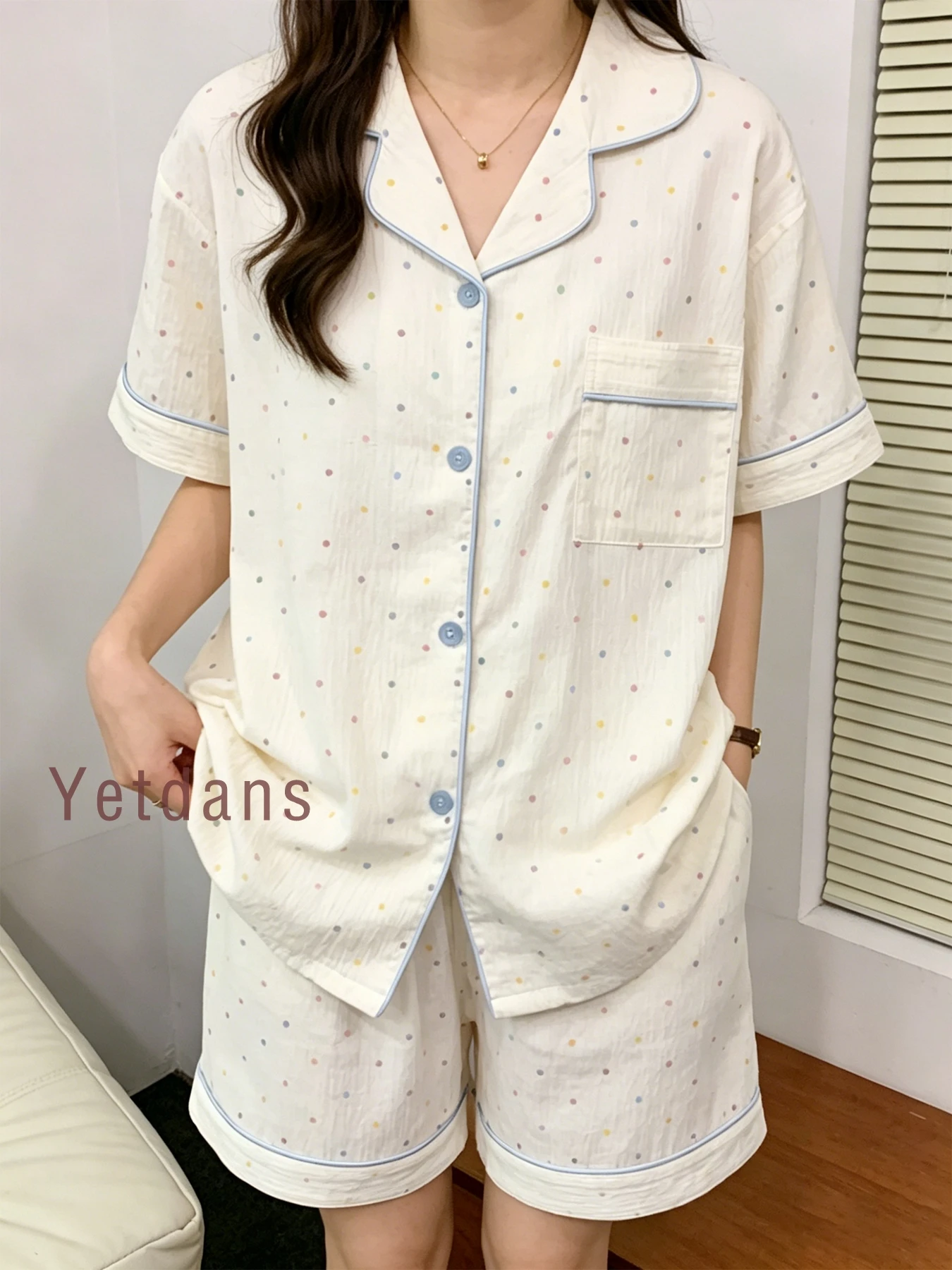 

Women's Cotton Polka Dot Printed Pajama Set With Contrast Trim Button-Down Shirt & Shorts Homewear Summer Set Two Pieces Set Pj