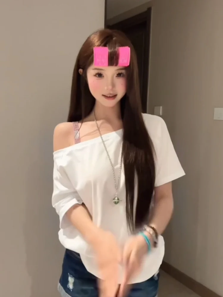 تي شيرت نسائي صيفي أبيض من القطن الخالص بأكمام قصيرة وتصميم أنيق مريح وفضفاض