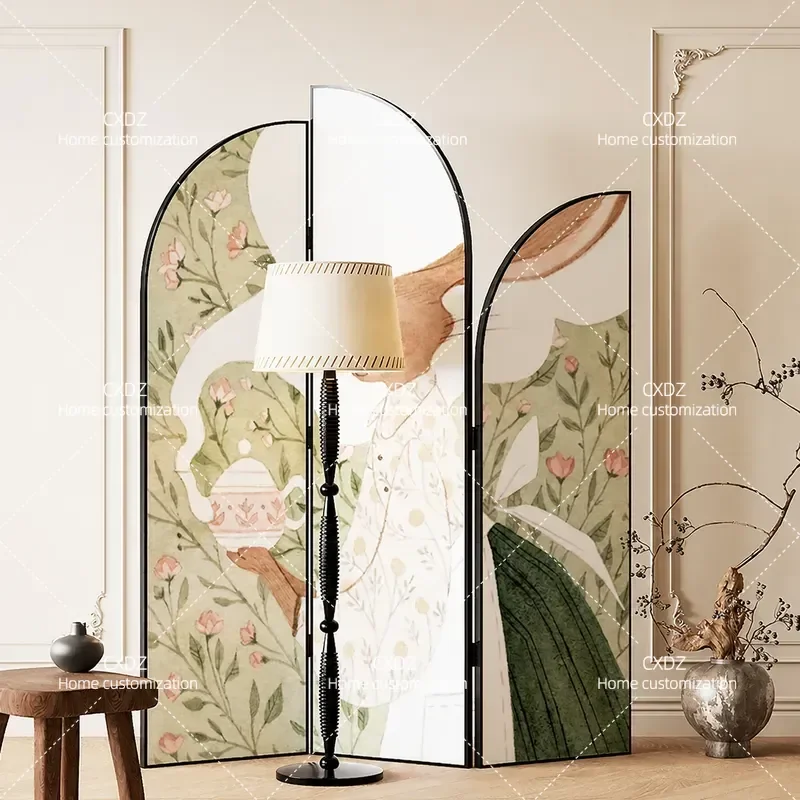 Cream Style Folding Screen Mobile Abstract Retro Partition for Living Room Bedroom Office Porch Decorative Background Baffle