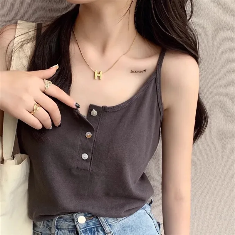Women's Henley Neck Spaghetti Strap Tank Top Sleeveless Button Front Casual Camisole