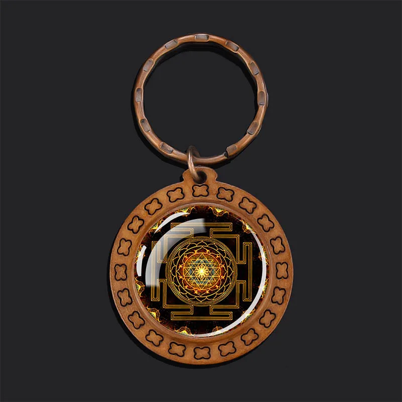 Sri Yantra Mandala Keychain Sacred Geometry Glass Wooden Pendant Keyring Spiritual Yoga Jewelry Gift