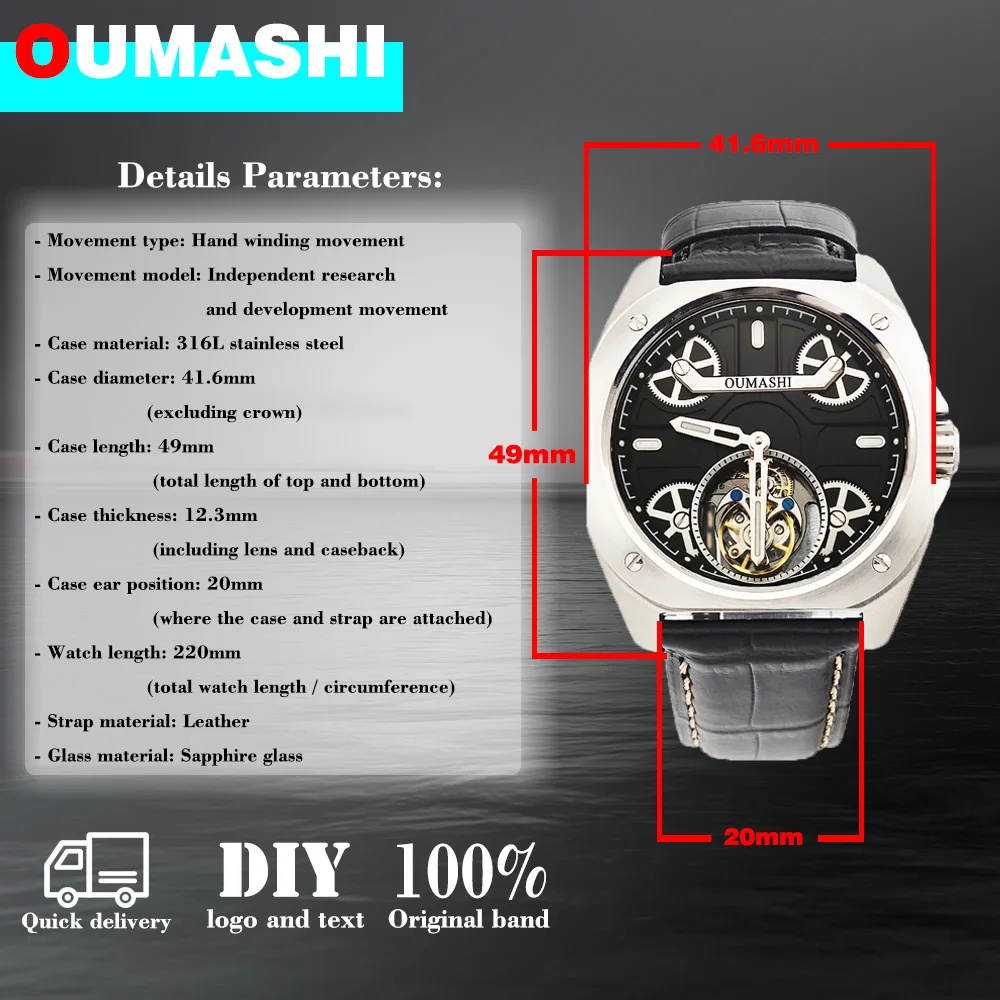 41mm Tourbillon Mechanical Men's watch Stainless steel sapphire glass visual bottom cover luminous luxury business watch for men