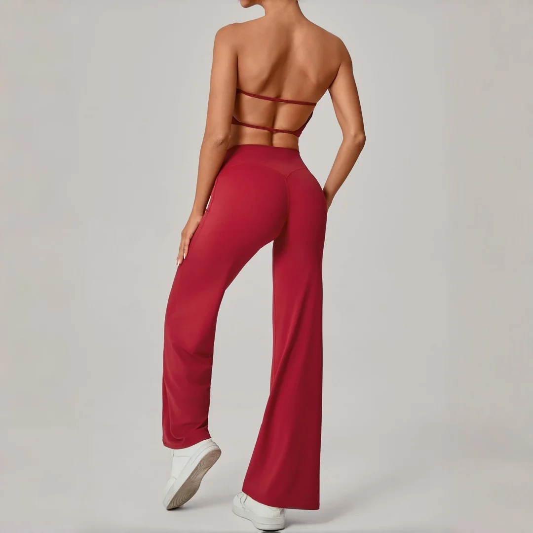 جديد عارية الذراعين سريعة الجافة سترة رياضية اليوغا 2 قطعة مجموعة عالية الخصر الورك رفع بنطال ذو قصة أرجل واسعة دعوى في الهواء الطلق تشغيل عادية اللياقة البدنية اليوغا مجموعة #2