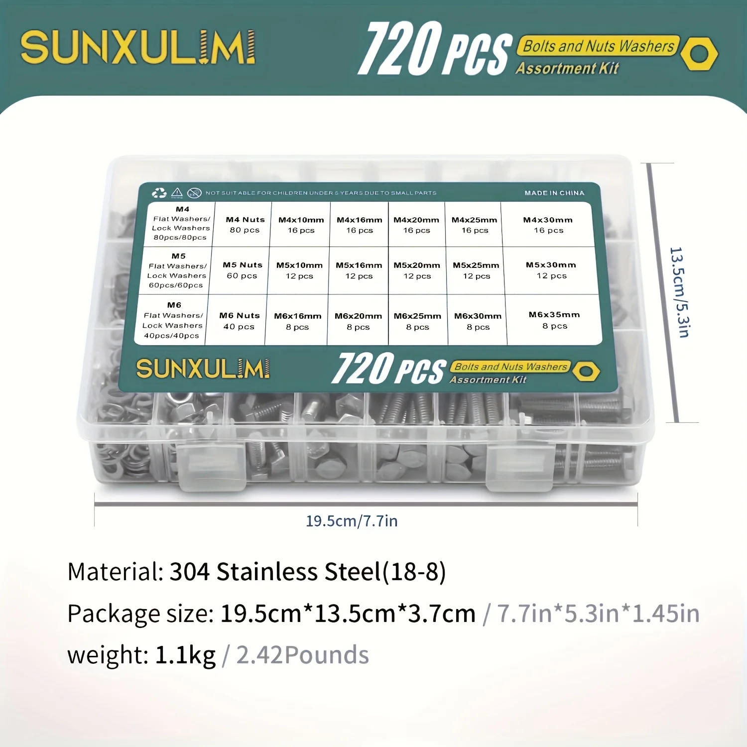 720PCS 1640PCS M4 M5 M6 Bolts and Nuts Assortment Kit 304 Stainless Steel(18-8) Hex Screws Nuts & Washers