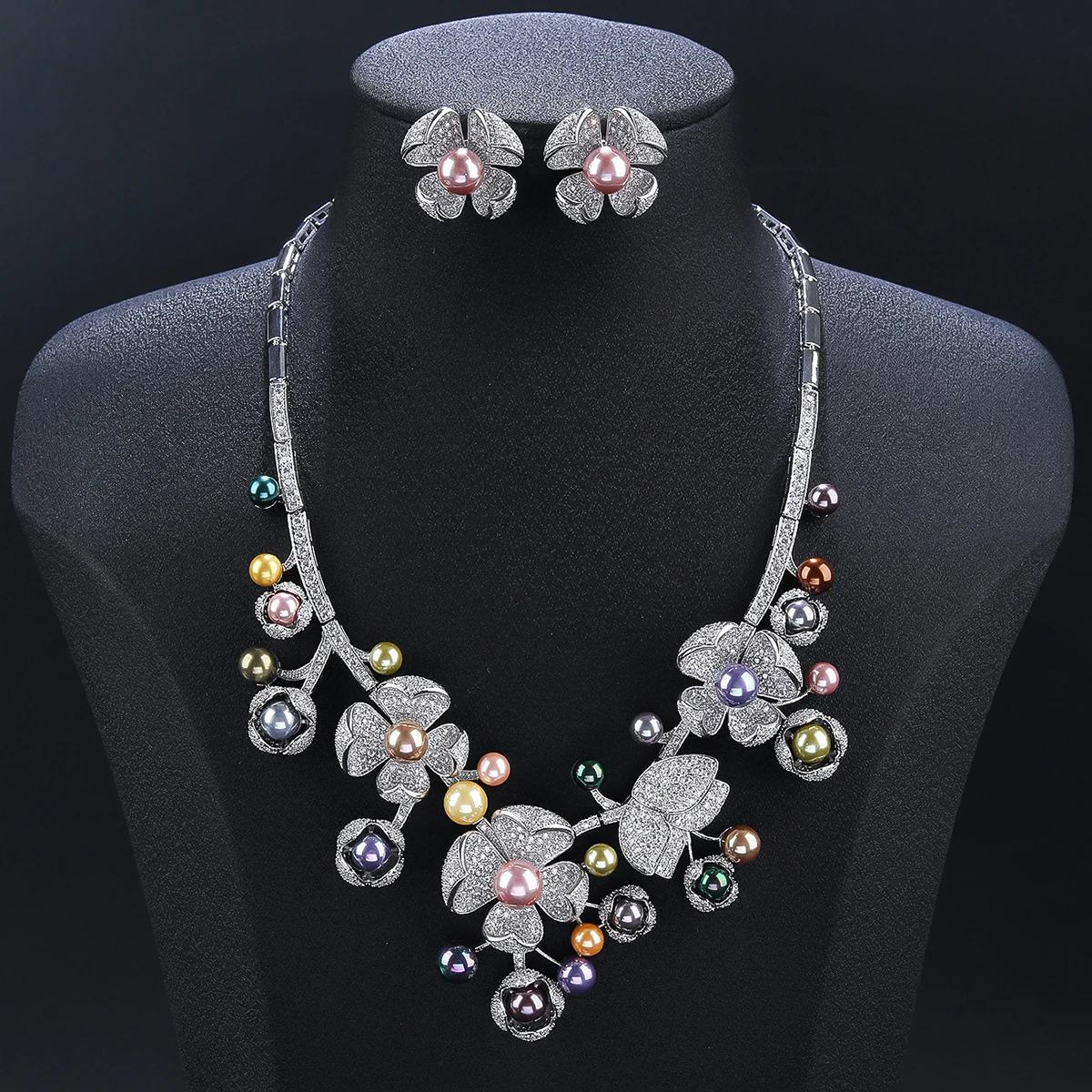 Luxury Bridal Jewelry Set Gorgeous Colors Pearl Cubic Zirconia Ladies Party Wedding Folowers Necklace And Earrings Set CN11575