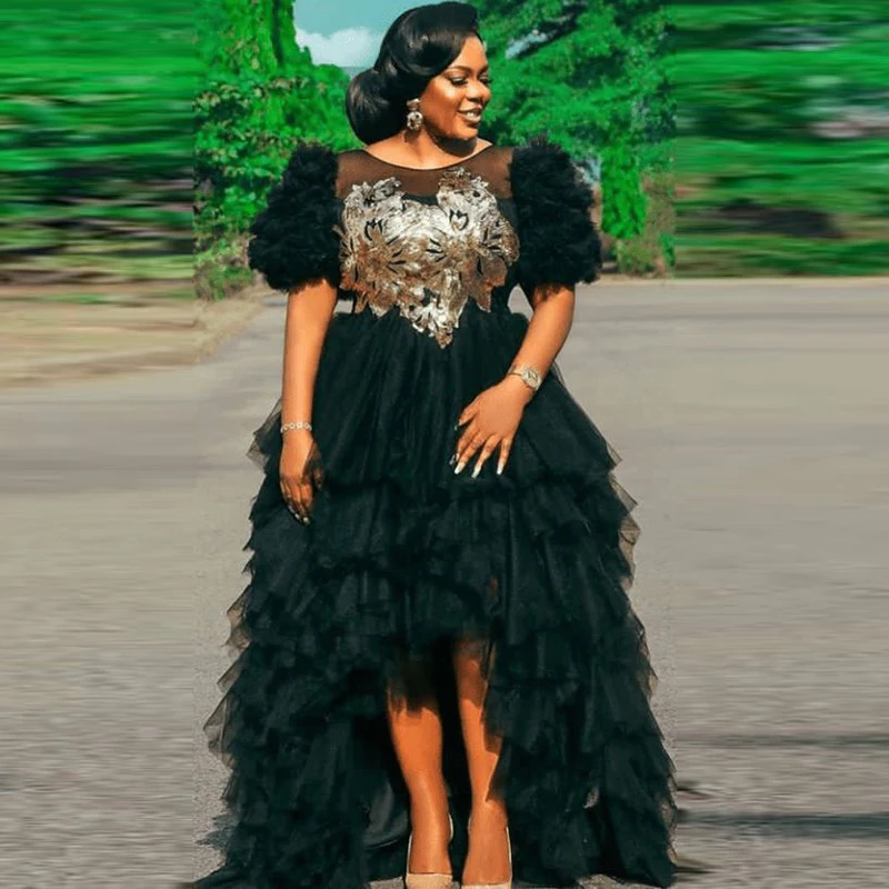 Aso Ebi Black High Low Prom Dresses Aso Ebi Arabia Tiered Tulle Ruffles Short Sleeves Evening Gowns Robe De Soiree Party Dress