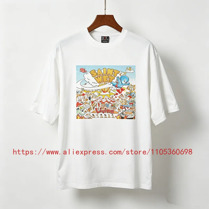 New SAINT Men's T-Shirt Retro Full Color Comic Collage Blue Character White Casual Tee High Quality Fast Delivery