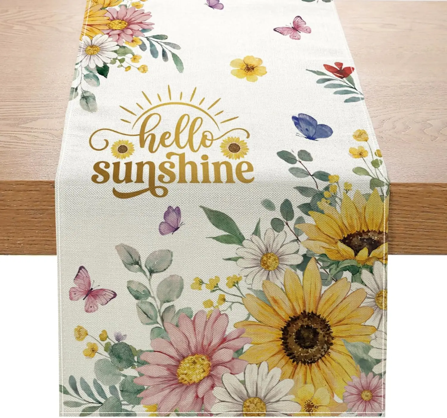 Sunflower Daisy Table Runner, Hello Sunshine Spring Summer Flowers Kitchen Dining Indoor Outdoor Party Decor