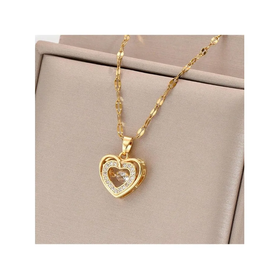 

1pc Gold-Plated Stainless Steel Cz Cube and Moving Heart Design Pendant Necklace Cute Unique Style For Casual Vintage Fashionab