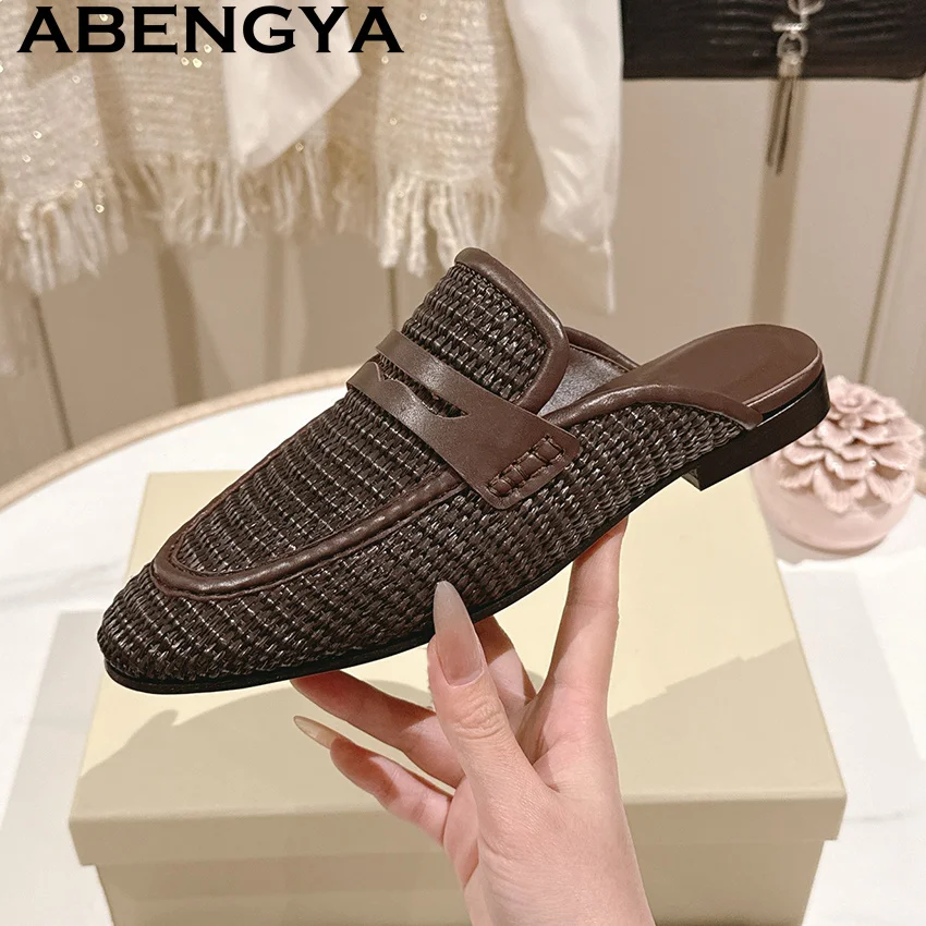 

Vine Grass Weave Round Wrap Toe Flat Slippers Women Obese Casual Comfort loafers Slippers Summer Fashion Mule Flat Shoes Woman