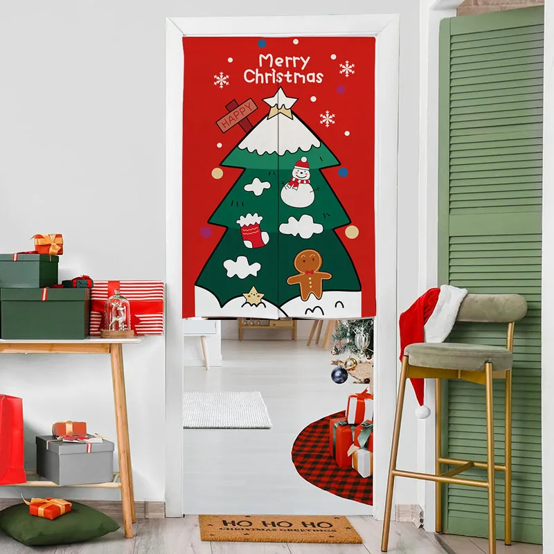 Natal Print Door Curtain for Kitchen Partition, boneco de neve engraçado, Split Doorway japonês, proteger a privacidade, Xmas Tree Decor