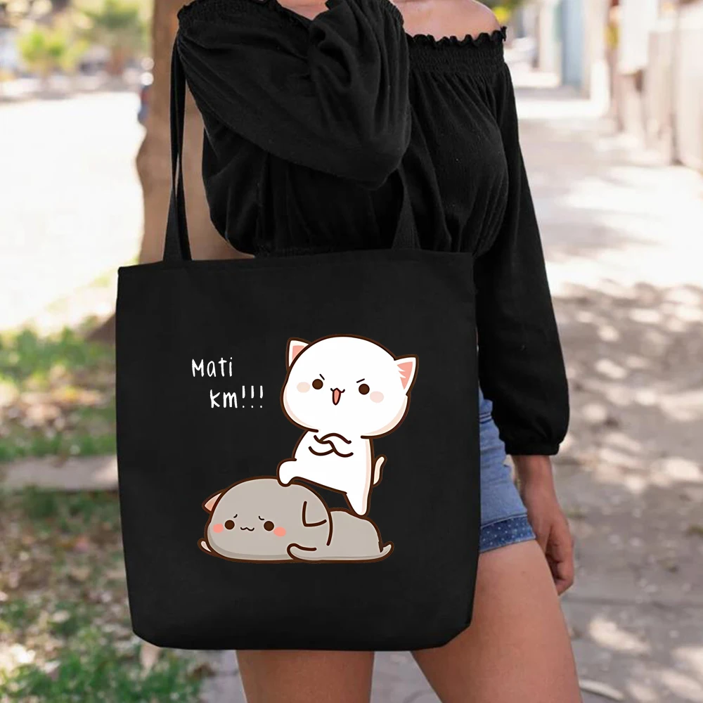 Peach and Goma Mochi Cat Love Printed Handbag Cute Cartoon Pattern Printed Canvas Bag Folding Reusable Eco friendly Shopping Bag